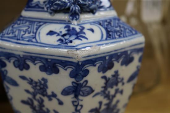 A pair of Chinese blue and white hexagonal vases, 19th century, 20.5cm (a.f.)